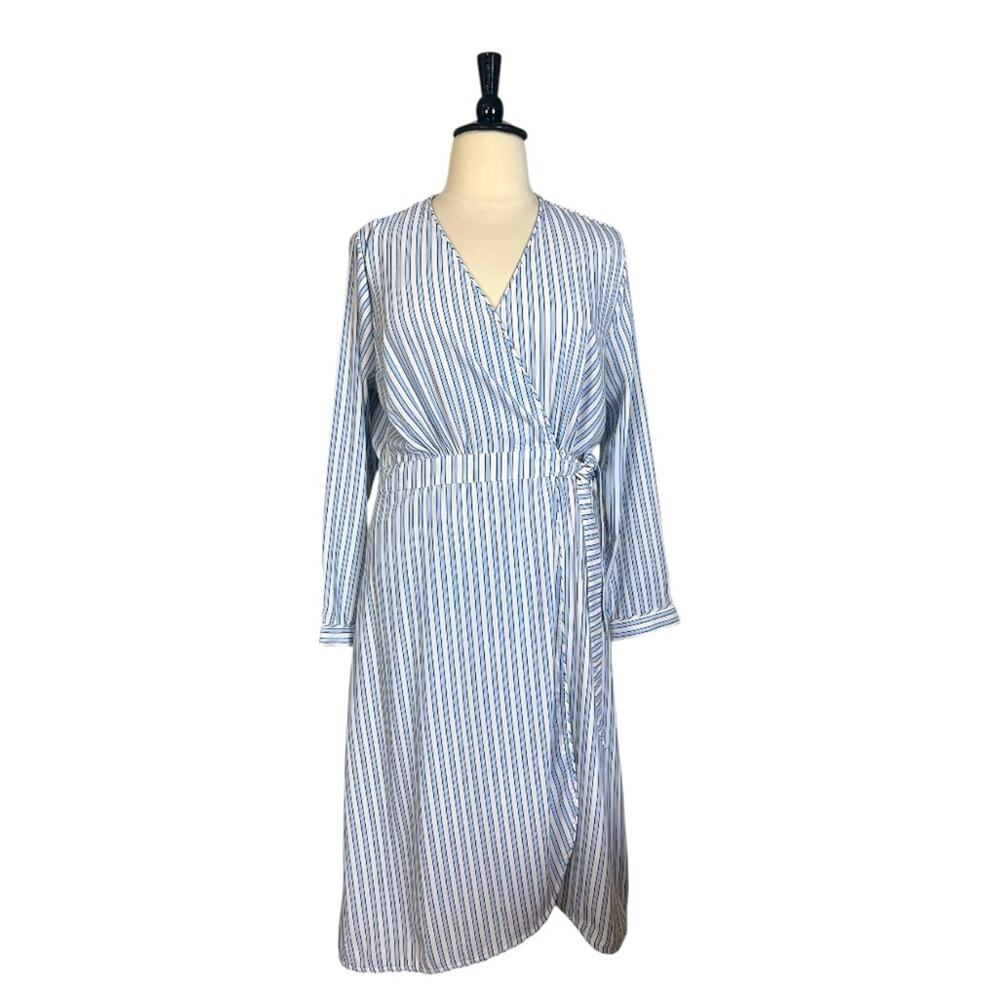 Time & Tru Wrap Dress Midi Long Sleeves Blue Cream Stripe Women’s Size XXL - 20